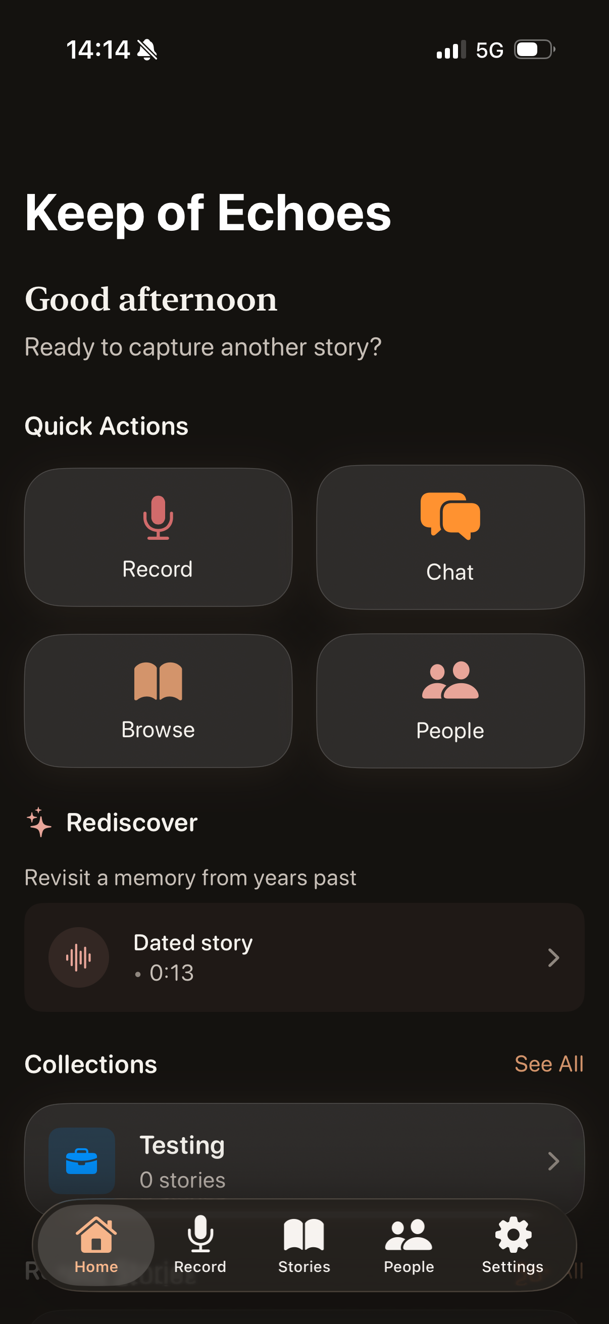 KeepOfEchoes app showing the home screen with Quick Actions